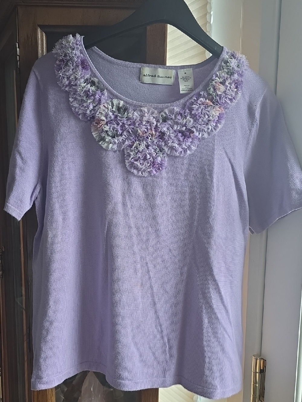 Alfred Dunner Lavender Short-Sleeve Knit Top with Floral Collar